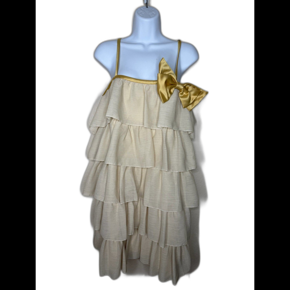 Erin Fetherston Cream Tiered Ruffle Dress Coquette Gold Bow Accent Sz 9 M Collab